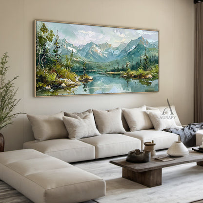 Green Landscape Oil Painting Modern Organic Visible Brushstrokes Lush Mountain Lake Art AURA421