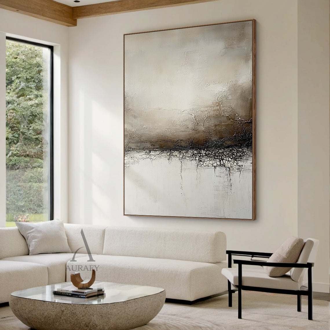 General Abstract Beige Art with Crackle Texture Thick Brushstrokes Dripping Paint Modern Organic Tactile Canvas AURA632