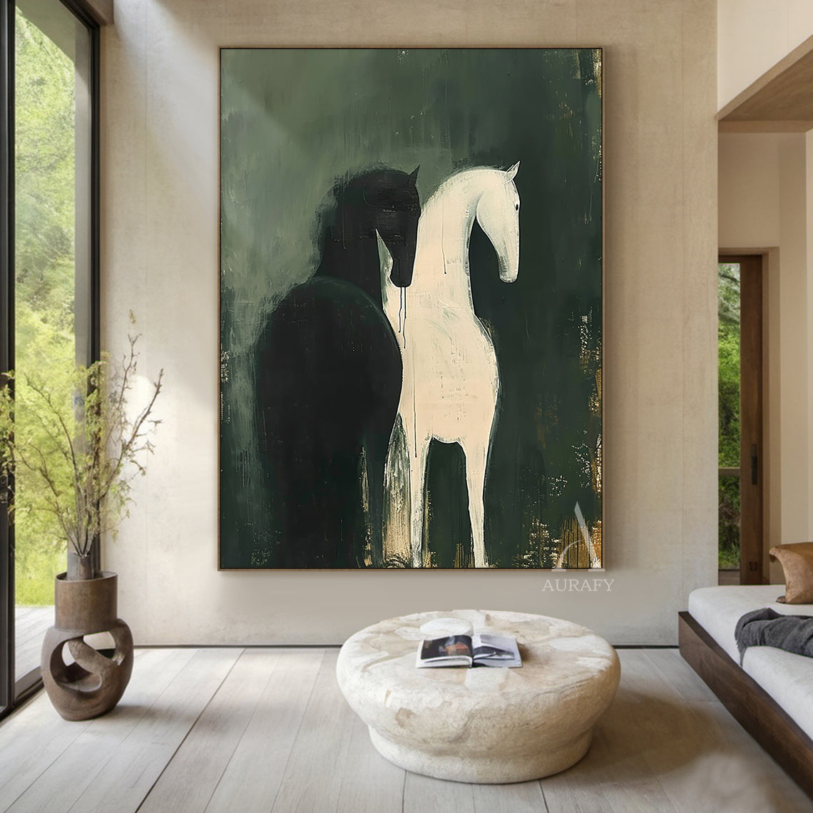 Large Scale Abstract Green Horse Oil Painting Textured Animal Wall Art-AURA340