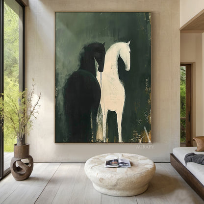 Large Scale Abstract Green Horse Oil Painting Textured Animal Wall Art-AURA340