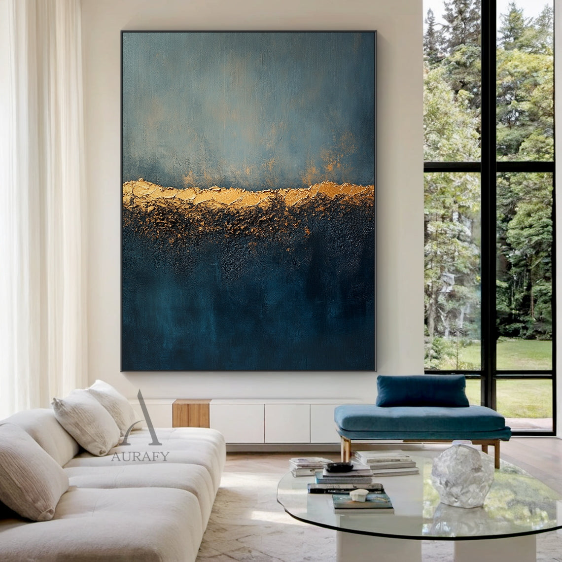 Blue Gold Abstract Plaster Textured High Relief Japandi Wabi-Sabi Minimalist Luxe Canvas Wall Art AURA726