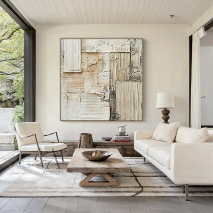 Weathered Grid, Beige Ridged Plaster Abstract Painting AURA868