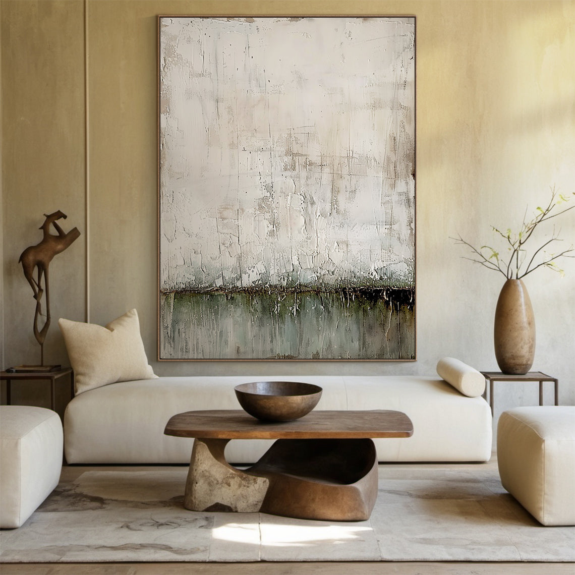 Wabi Sabi Plaster Textured Beige Green Impasto Scuffed Peeling Dripped Modern Artwork AURA576