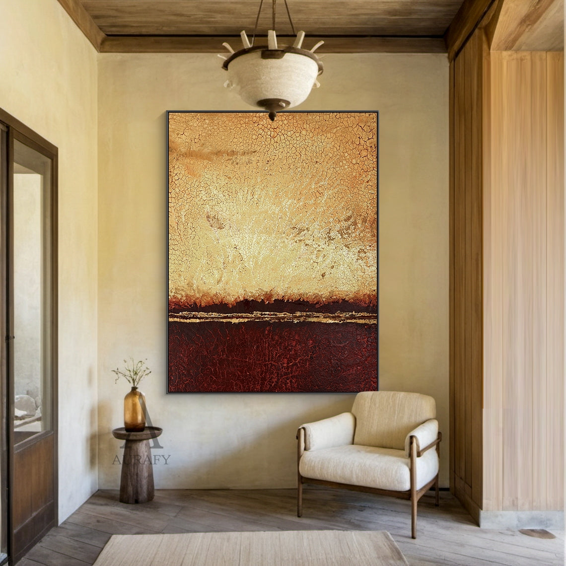 Crackle Textured Abstract Art Warm Yellow Deep Red Golden Accent Vintage Expression Piece AURA650