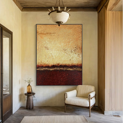 Crackle Textured Abstract Art Warm Yellow Deep Red Golden Accent Vintage Expression Piece AURA650