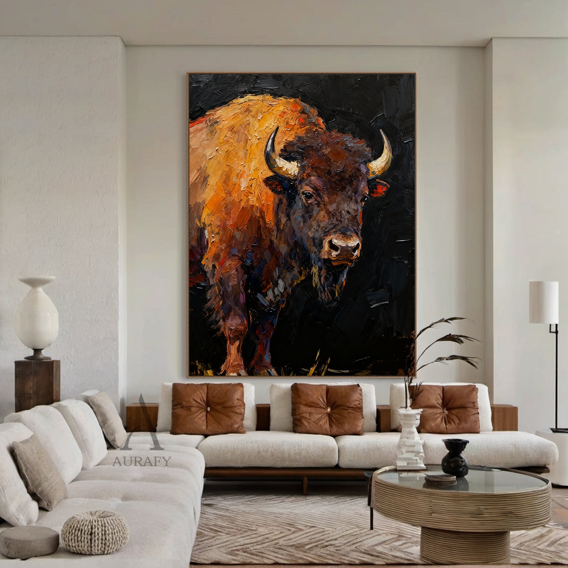 Brown Bison Oil Painting on Black Background - AURA652