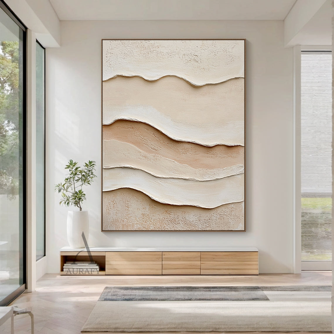 3D Textured Beige Painting Tactile Plaster Surface Sculpted Wave Modern Organic Wabi-Sabi Artwork AURA435