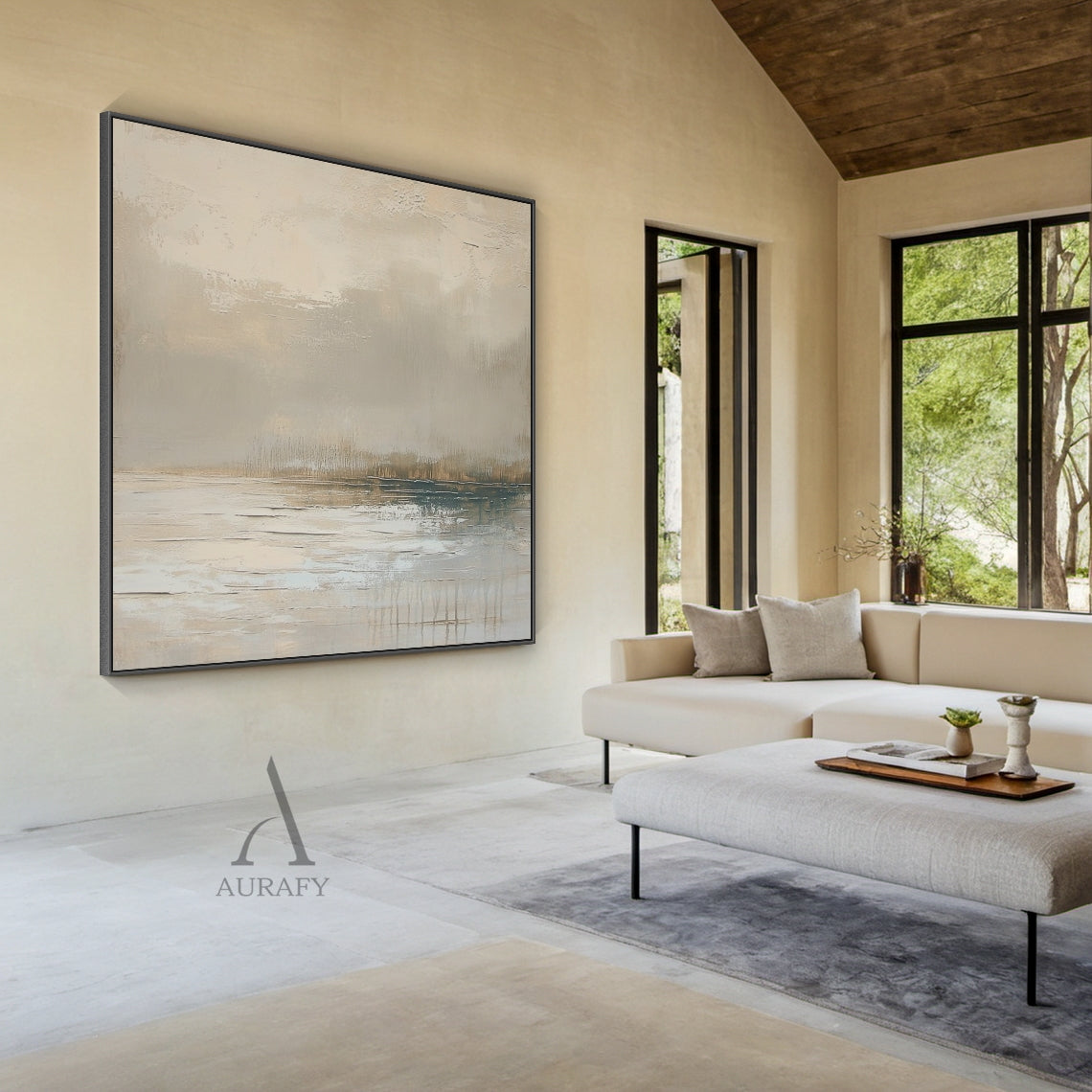Abstract Gray Landscape Art tactile impasto scratch effects Modern Organic neutral tones AURA651
