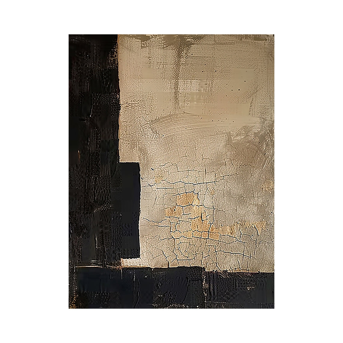 Beige & Black Wabi Sabi Geometric Abstract Wall Art | Cracked Plaster Japandi Canvas | AURA809