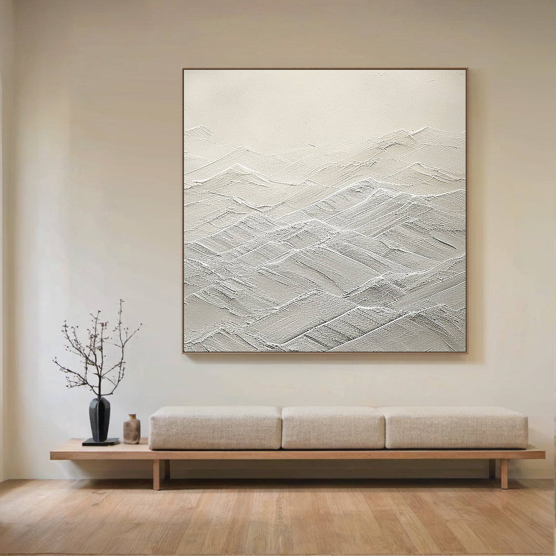 Mountain Ridge Relief Canvas – Cream & White Tones – AURA042(Horizontal)