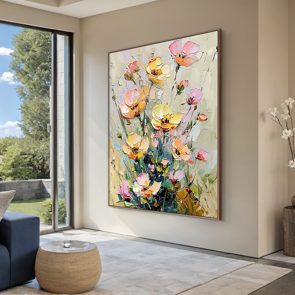 Impasto Knife Stroke Yellow Pink Floral Wabi-Sabi Textured Canvas Wall Art Modern Organic Home Decor AURA711