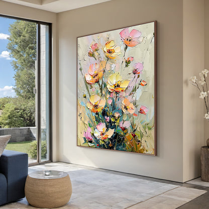 Impasto Knife Stroke Yellow Pink Floral Wabi-Sabi Textured Canvas Wall Art Modern Organic Home Decor AURA711