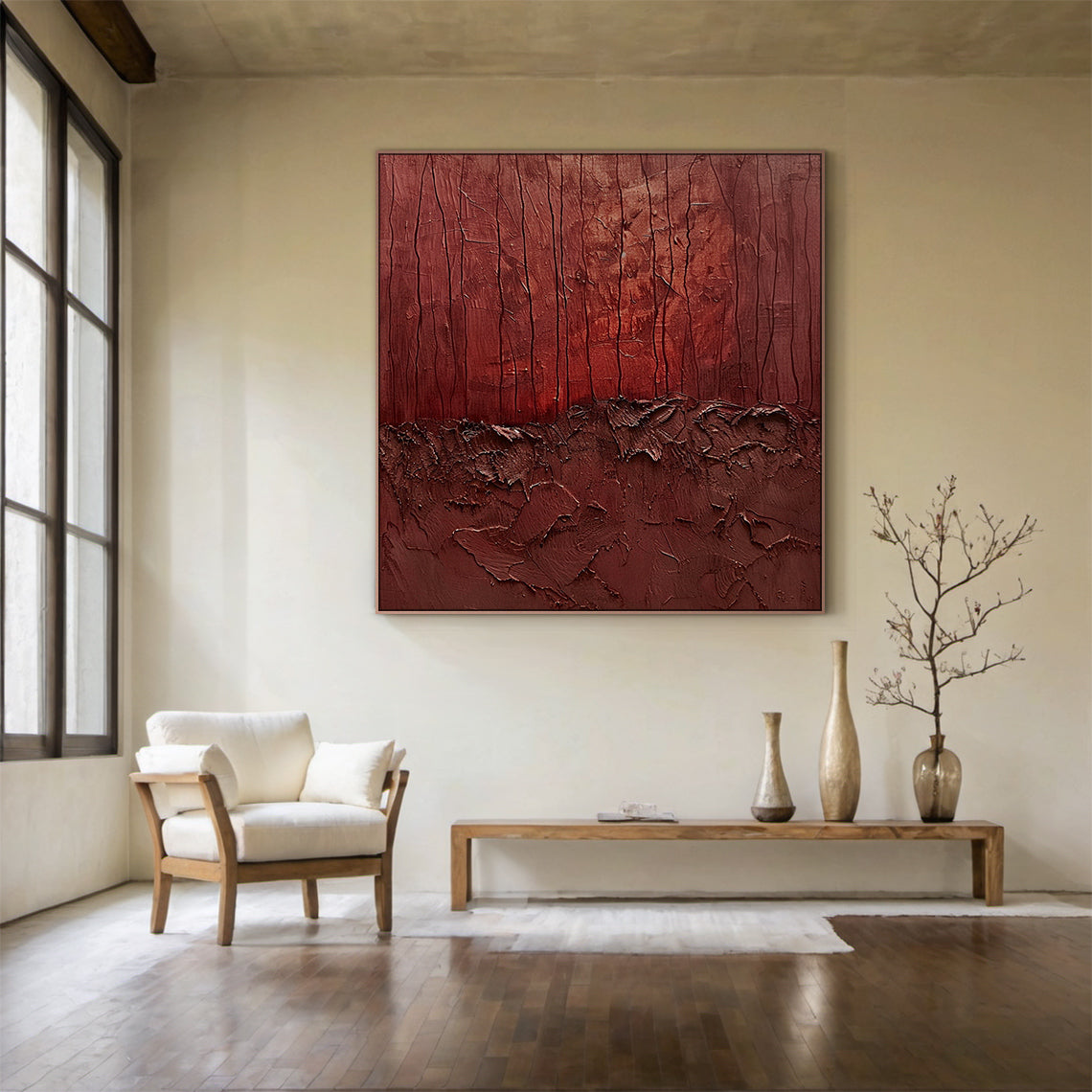 Wabi-Sabi Ember Strata wall art – Oxide Red & Burnt Umber – AURA029(Square)