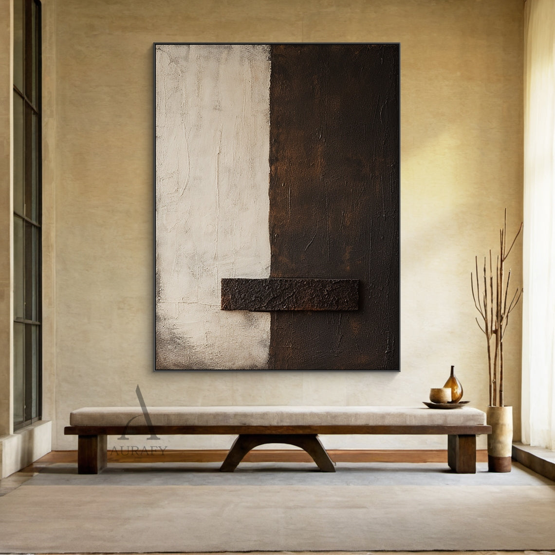 Beige and Brown Minimalist Painting with a Coarse Crossbar - AURA842