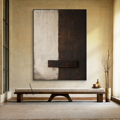 Beige and Brown Minimalist Painting with a Coarse Crossbar - AURA842