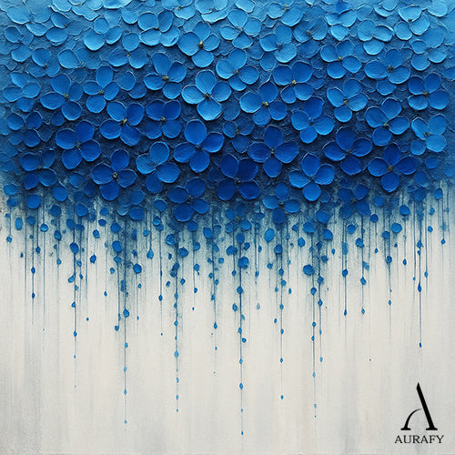 3D Textured Impasto Painting Tactile High-Relief Blue Flower Motifs Drip Effect White Background AURA517