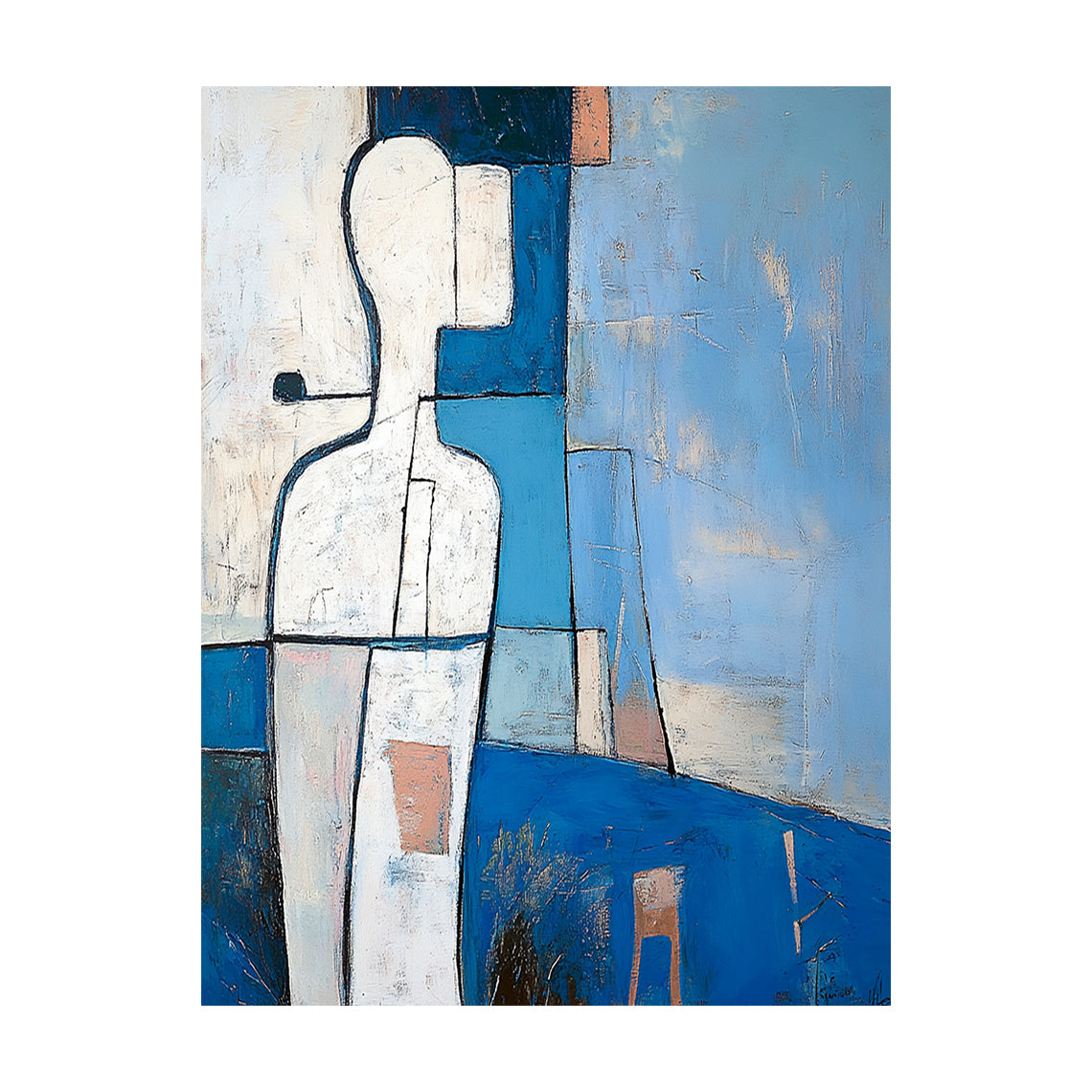 Abstract Blue Art Hand-Painted Tactile Brushstroke Modern Geometric Figure With Orange Accents AURA647