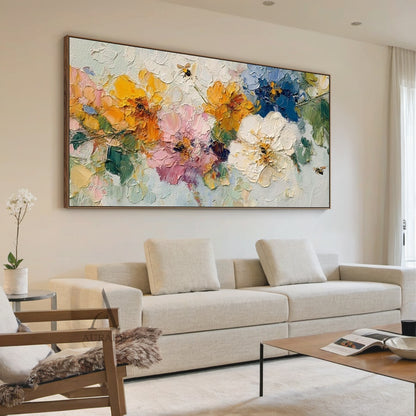 3D Impasto Textured Painting Colorful Floral Bouquet with Bees Tactile Surface Artwork AURA447