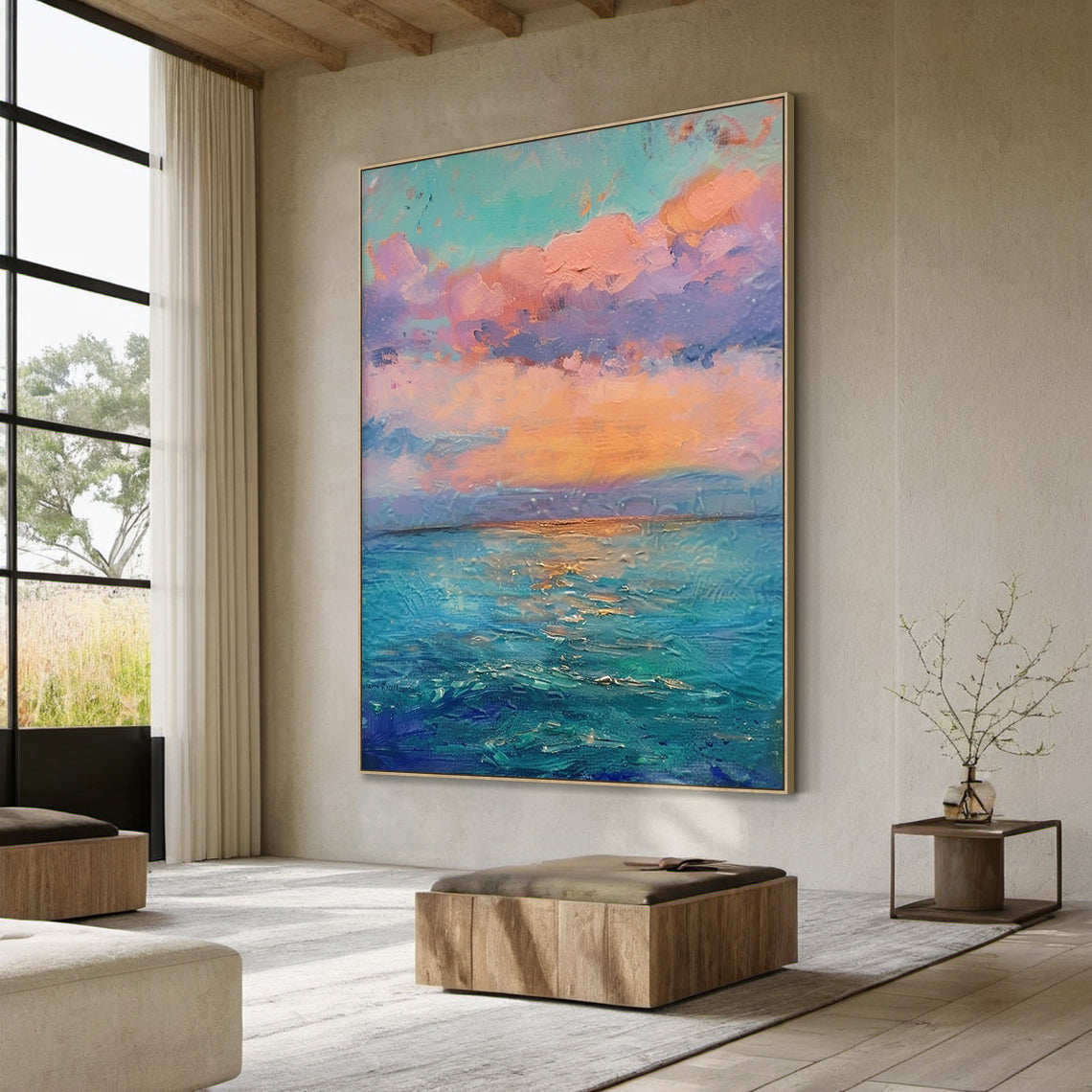 Blue Pink Textured Landscape Knife Stroke Coastal Sunset Canvas Wall Art Modern Organic Home Decor AURA712