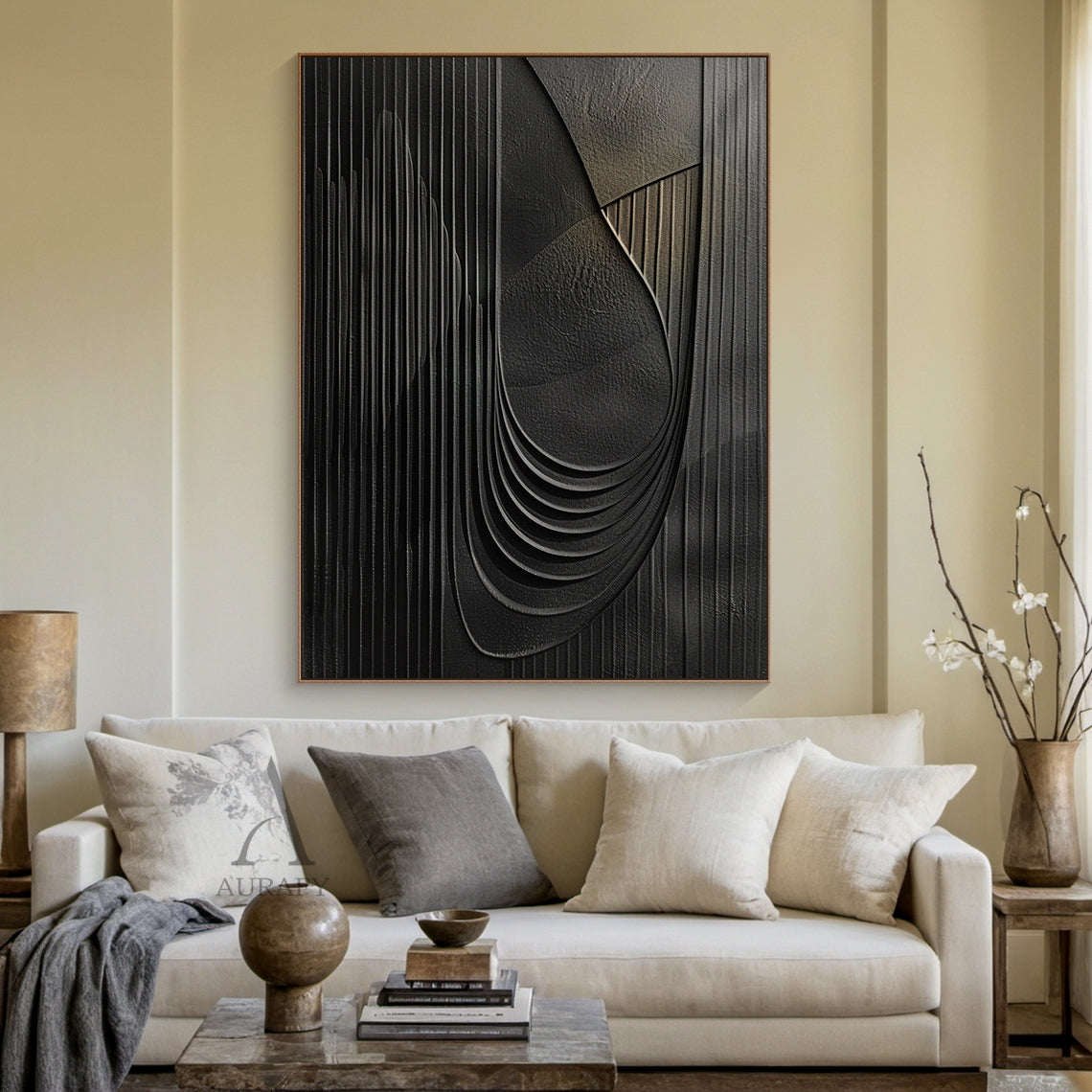 Minimalist Black Wall Art Sculpted High-Relief Tactile Surface Layered Curves Vertical Stripes AURA429
