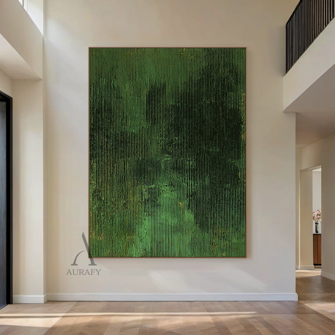 3D Textured Green Abstract Painting Sculpted Tactile High-Relief Surface Dark Gold Accents AURA466