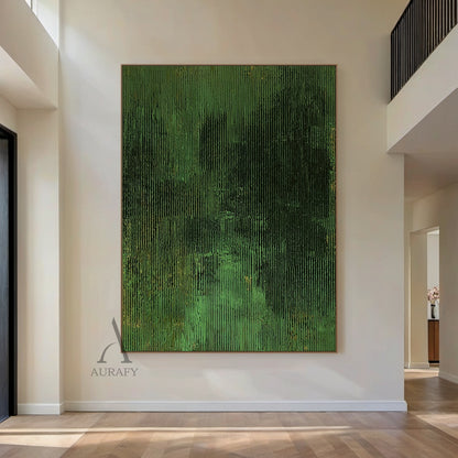 3D Textured Green Abstract Painting Sculpted Tactile High-Relief Surface Dark Gold Accents AURA466