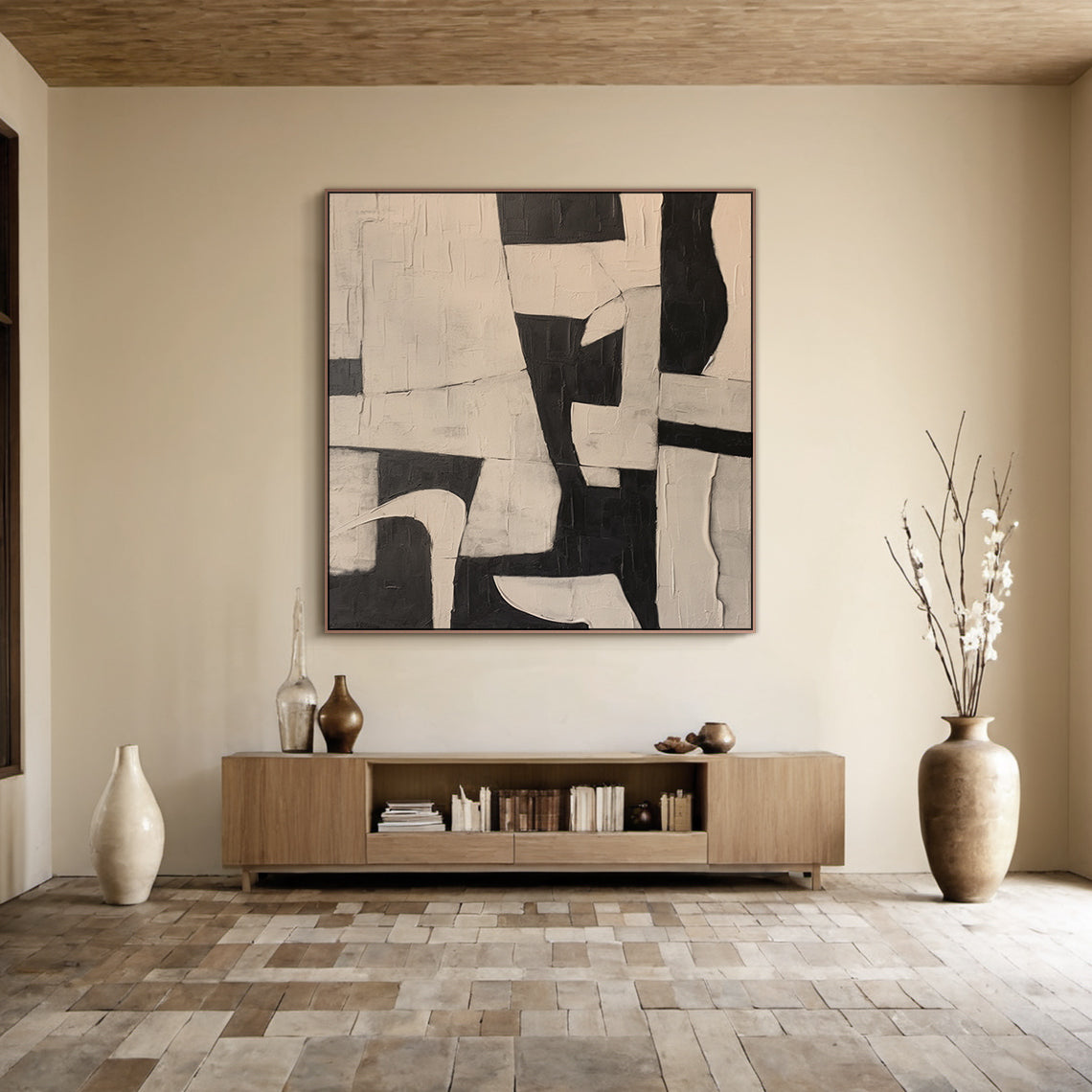 Abstract Geometric Texture Canvas – Noir & Sand painting – AURA050(Square)