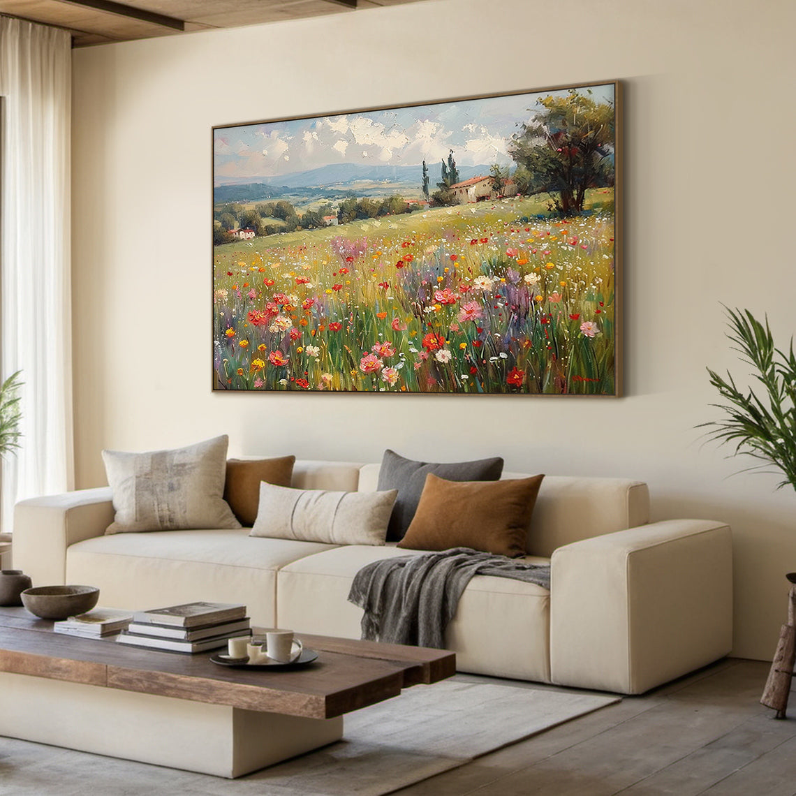 Textured Impressionist Green Yellow Wildflower Landscape Knife Painted Canvas Wall Art For Modern Organic Decor AURA714