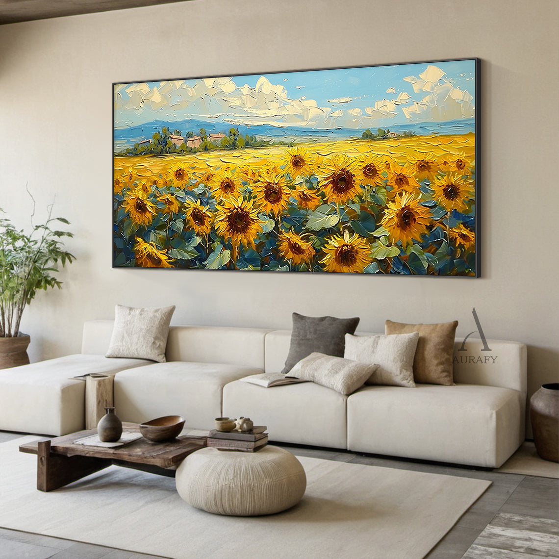 Yellow Sunflower Landscape Impasto Oil Painting Tactile Knife Strokes Rural Countryside Distant Mountains Blue Sky AURA419