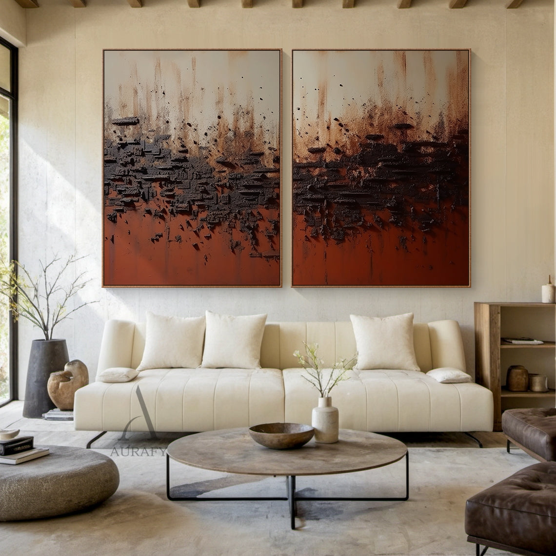 Wabi Sabi Plaster Textured Red Brown Two Piece Sculpted Canvas Painting Minimalist Luxe Wall Art AURA794