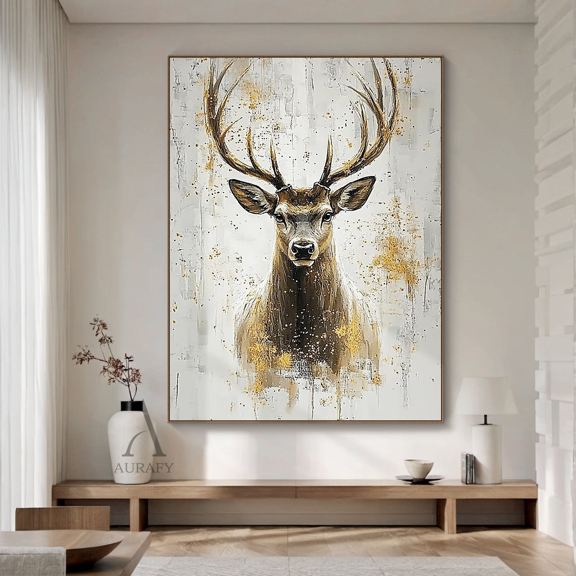 Stag Portrait Wall Art with Gold Accents - AURA653