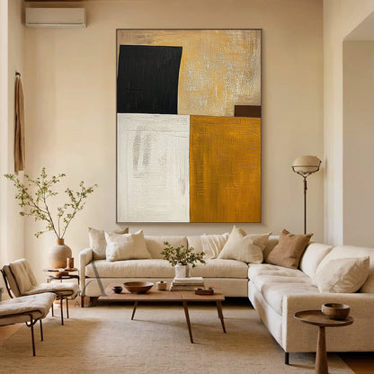 Mustard Yellow and Beige Abstract Painting with Black Blocks - AURA850