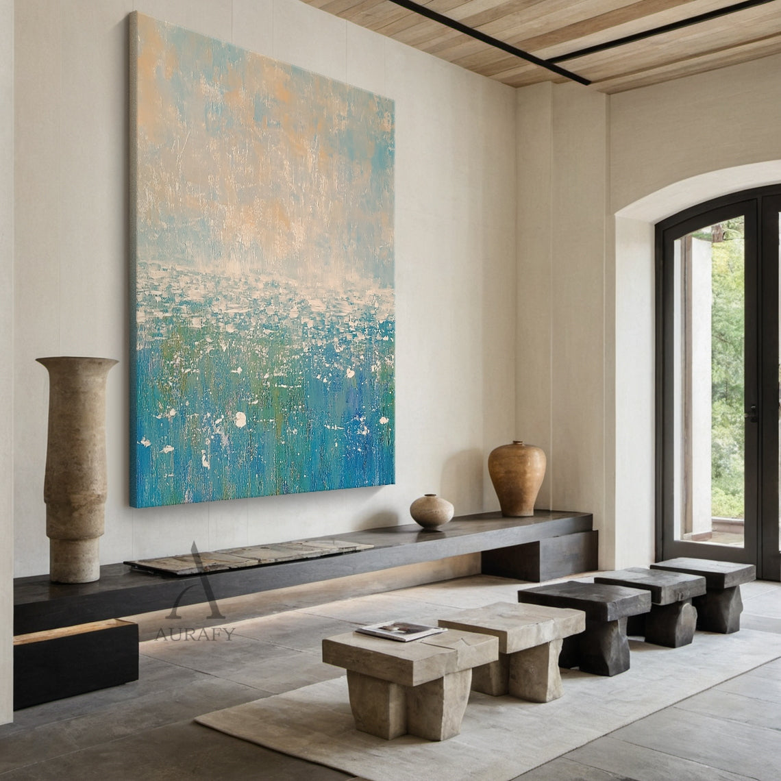 Abstract Beige Blue Art Tactile Surface Knife Strokes Modern Organic Textured Canvas AURA615