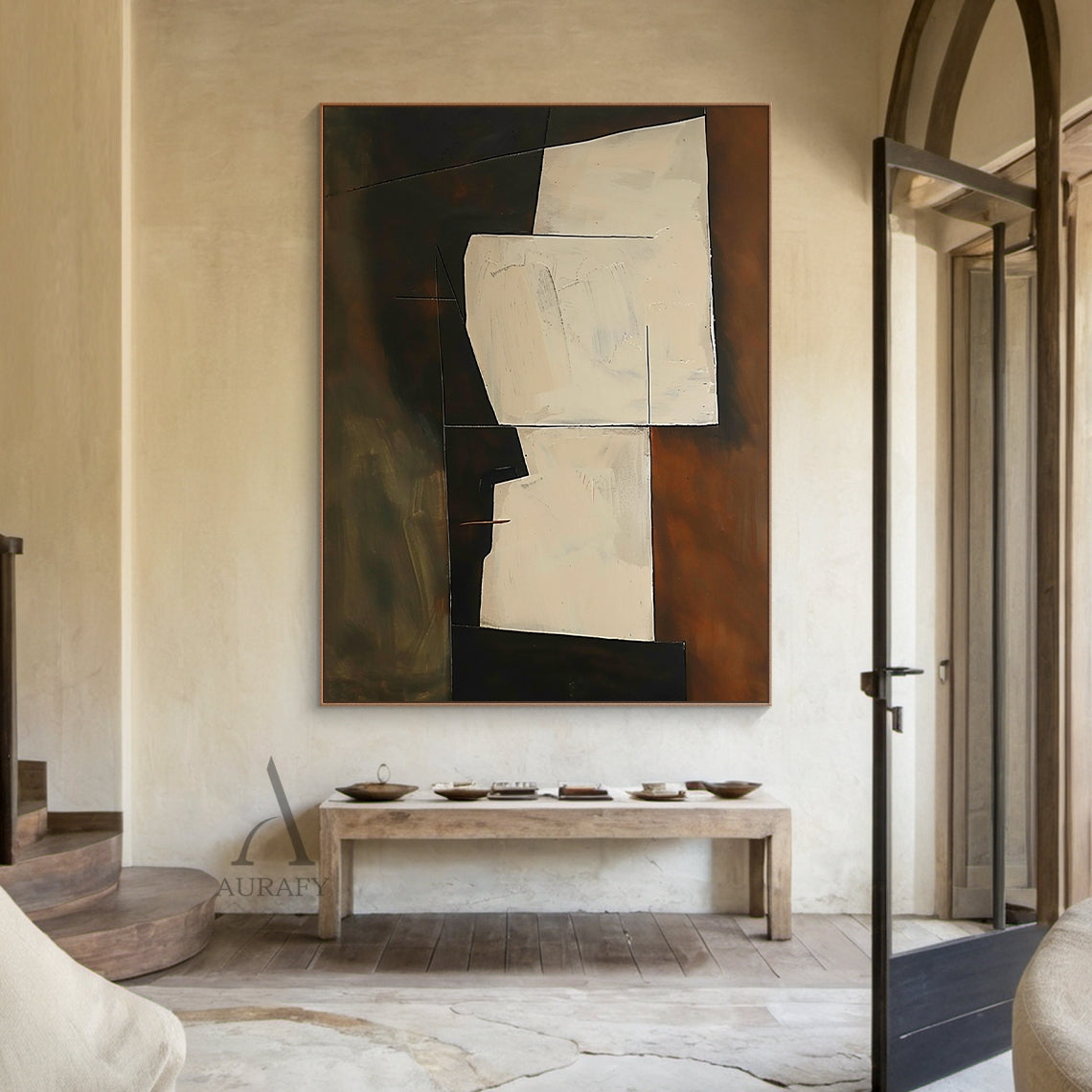 Beige Angular Abstract Forms on a Smoky Brown Ground - AURA841