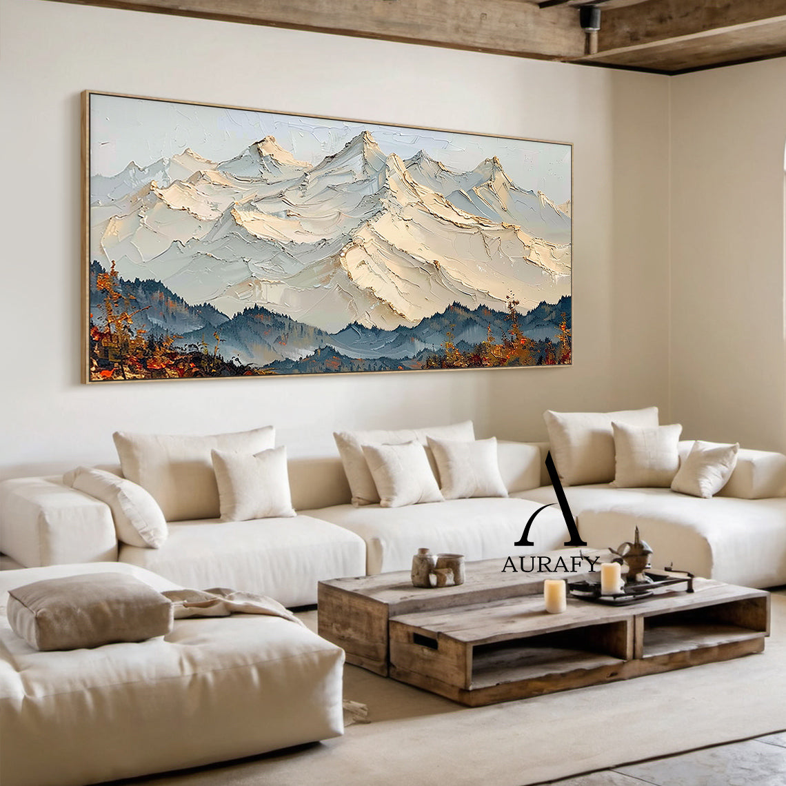 3D Textured Mountain Landscape Thick Impasto Knife Strokes Beige Blue Sculpted Tactile Canvas AURA514