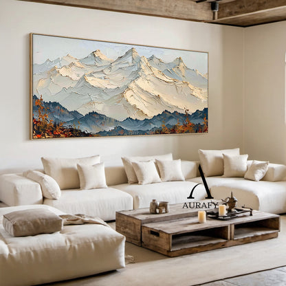 3D Textured Mountain Landscape Thick Impasto Knife Strokes Beige Blue Sculpted Tactile Canvas AURA514