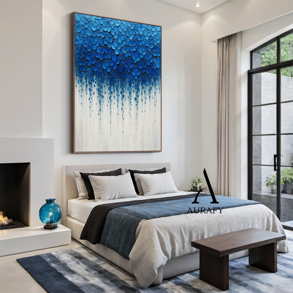 3D Textured Impasto Painting Tactile High-Relief Blue Flower Motifs Drip Effect White Background AURA517