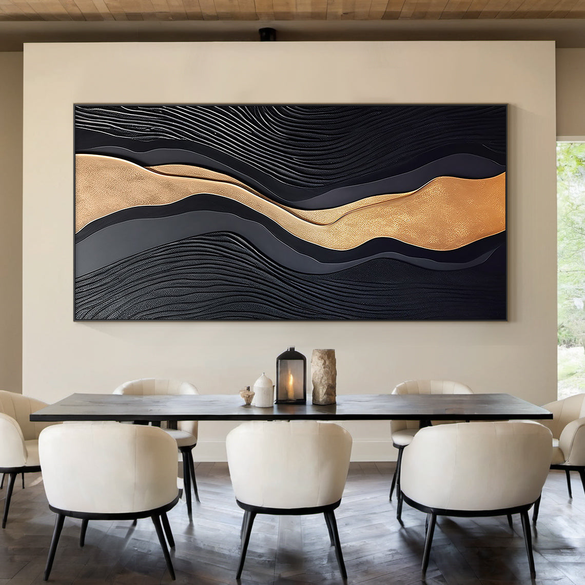 Metallic Topography Painting – Onyx & Gold Accents – AURA033(Square)