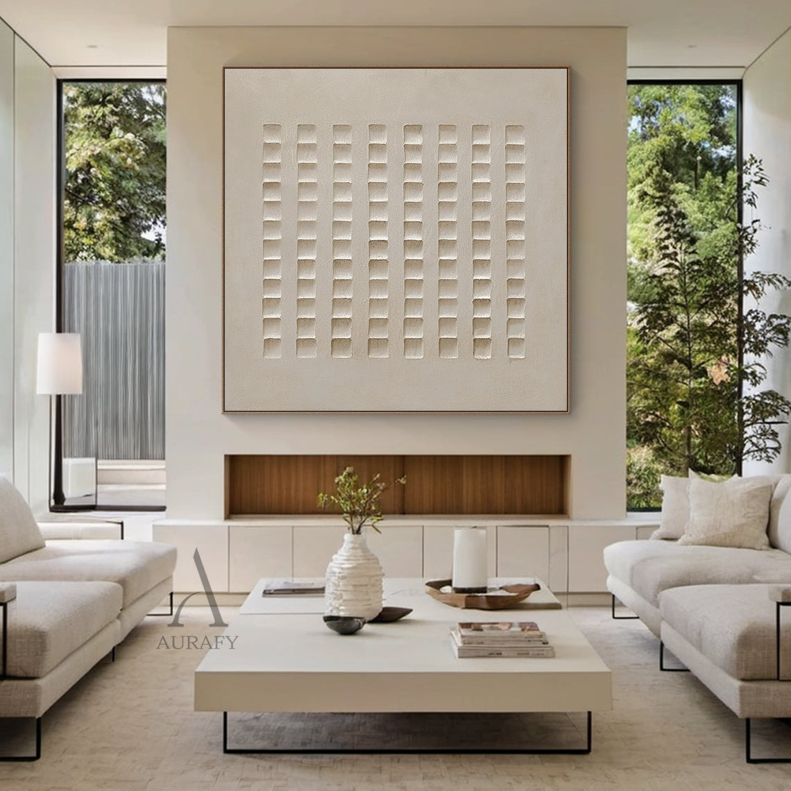 Abstract Beige Plaster Art Modern Minimalist Structured Grid High-Relief Tactile Wabi-Sabi Sculpted Decor AURA633