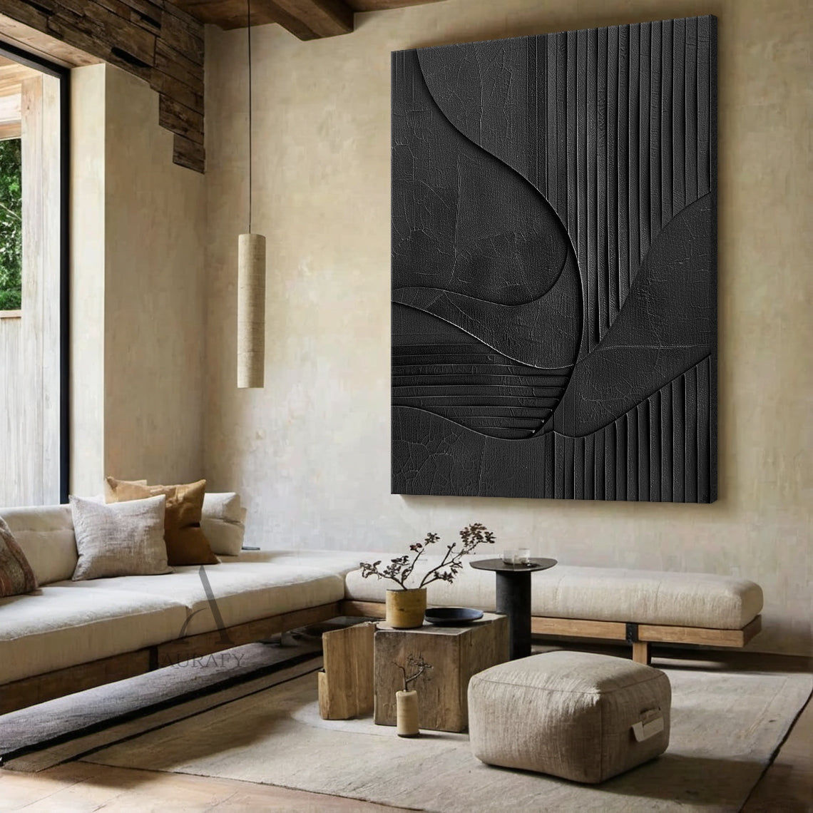 Minimalist Black Wall Art Crackled Texture Vertical Striped Tactile Sculpted Abstract Modern Organic AURA425