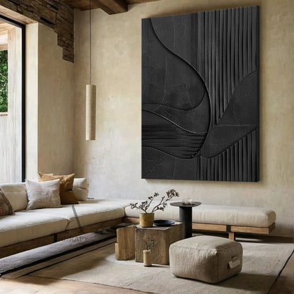 Minimalist Black Wall Art Crackled Texture Vertical Striped Tactile Sculpted Abstract Modern Organic AURA425