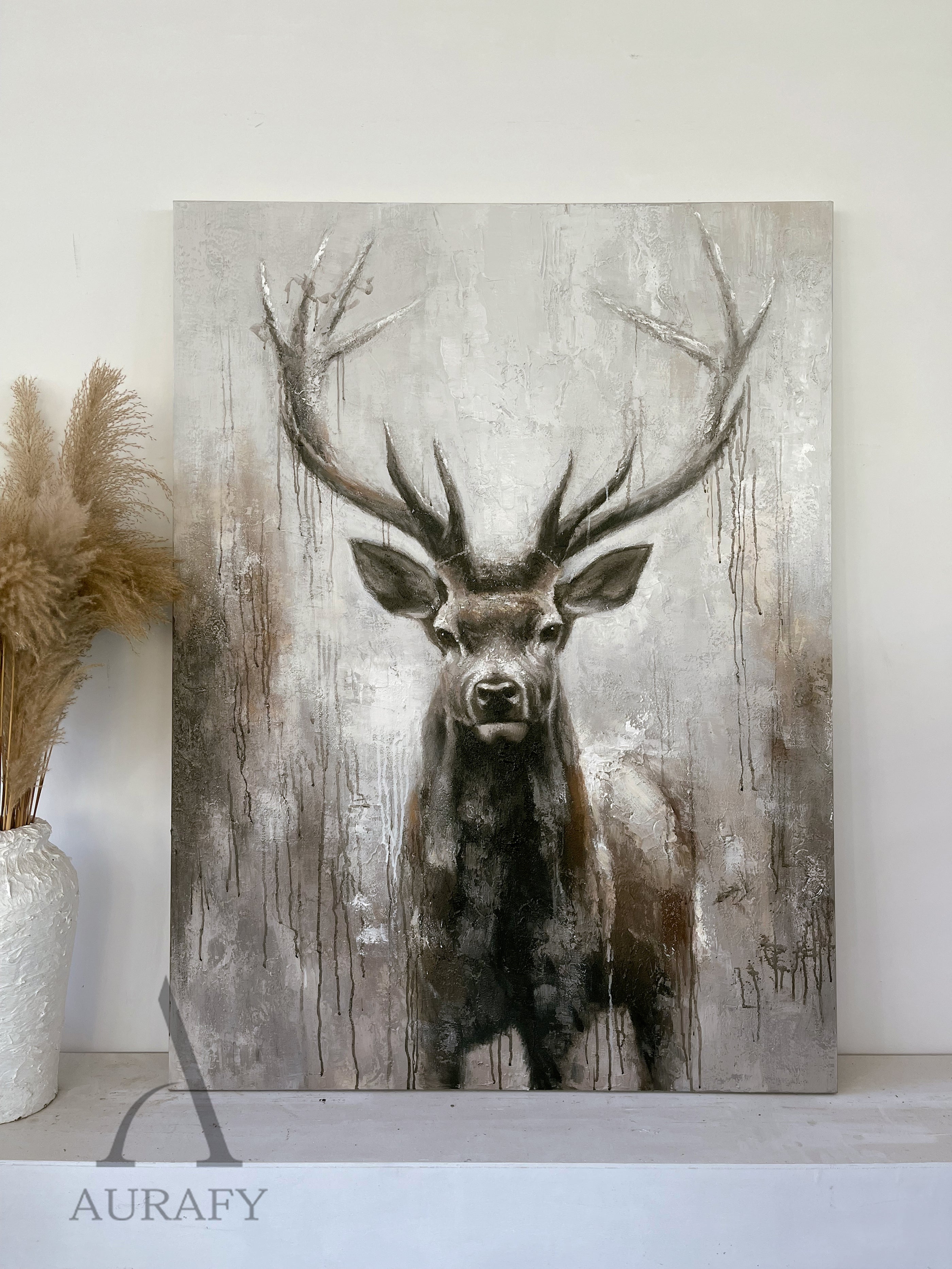 Large Textured Brown Stag Oil Painting Animal Wall Art for Living Room Canvas-AURA337