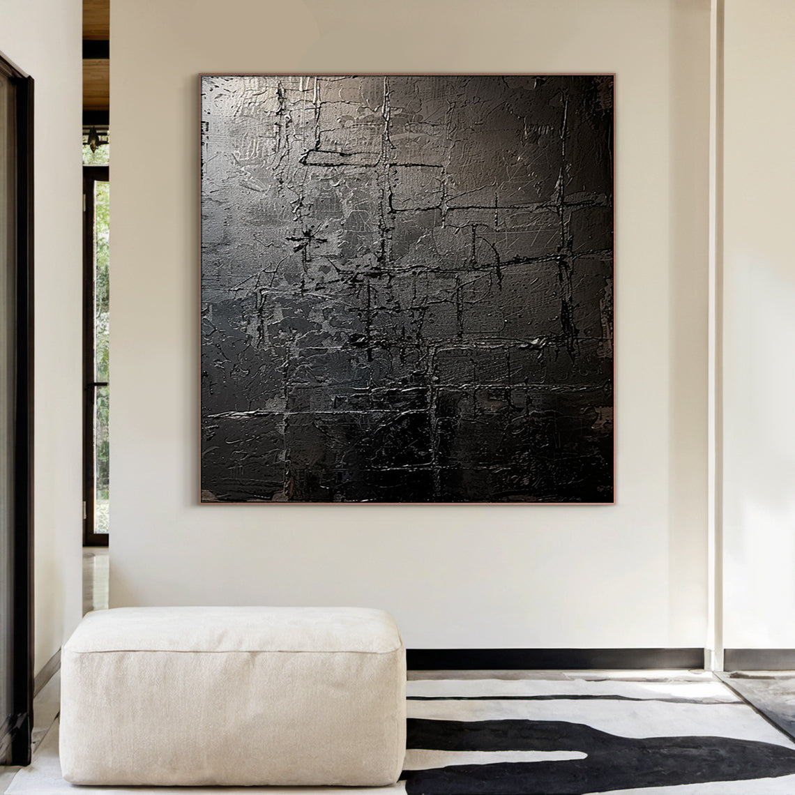 Monochrome Grid Texture Wall Art – Onyx & Charcoal Tones – AURA032(Square)