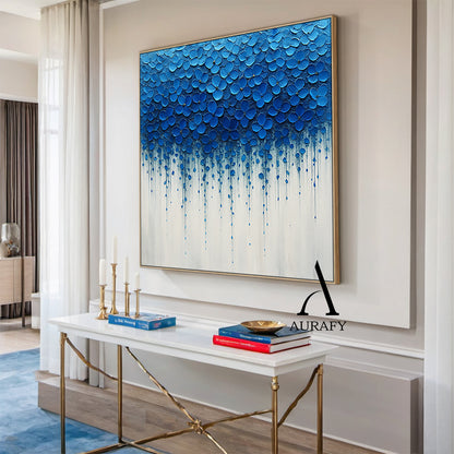 3D Textured Impasto Painting Tactile High-Relief Blue Flower Motifs Drip Effect White Background AURA517
