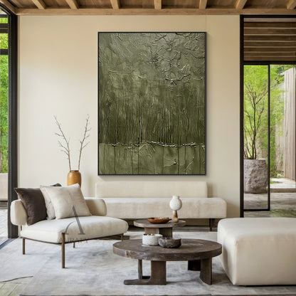 Green Abstract Art Thick Impasto Tactile Surface Vertical Drip Lines Sculpted Wall Art AURA461