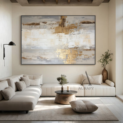 General Abstract Art White Beige Metallic Gold Impasto Texture Tactile Surface Modern Organic Canvas AURA485