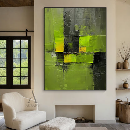 Green Abstract Art Impasto Sculpted Knife Strokes Tactile High-Relief Bold Modern Piece AURA460