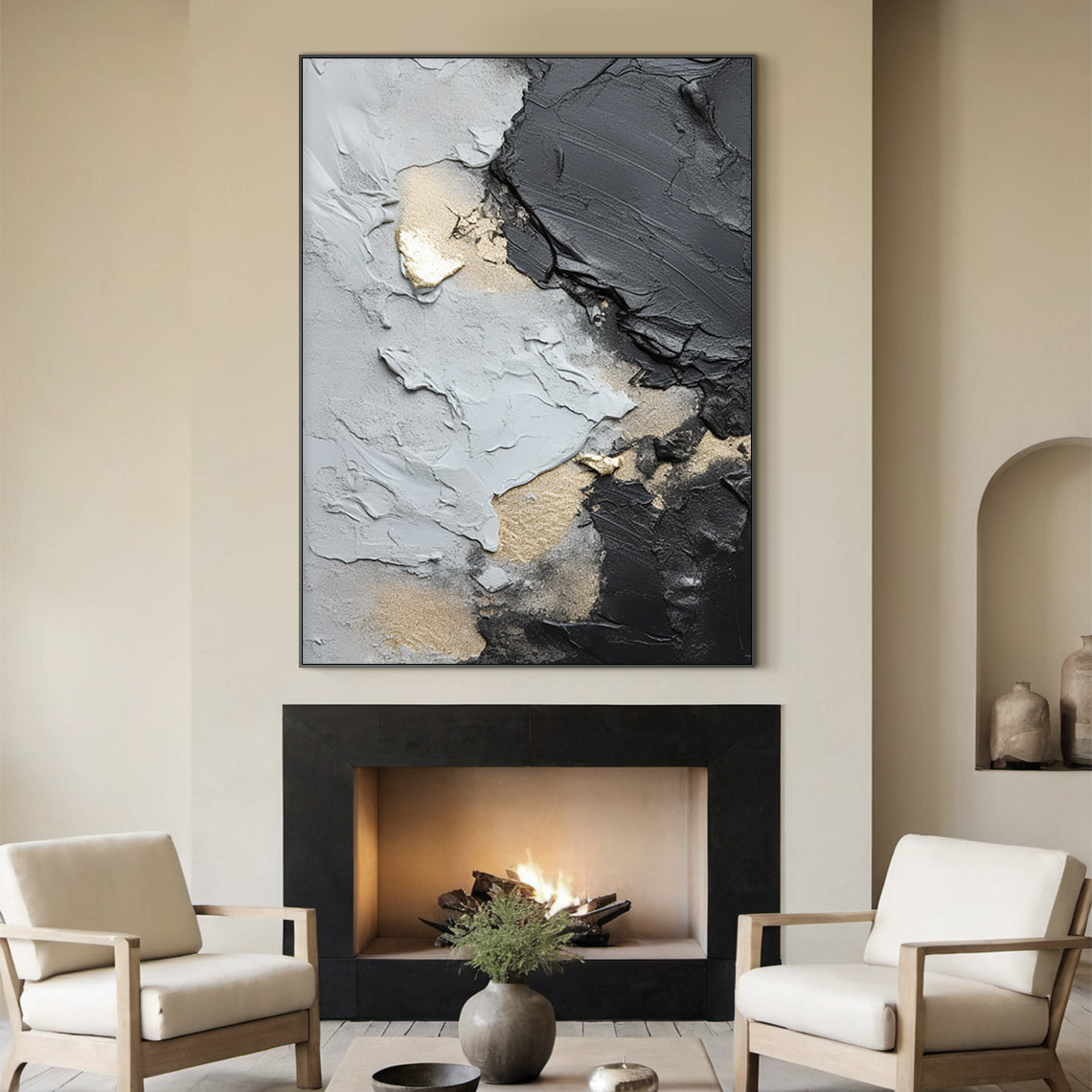 Dynamic Metallic Canvas – Charcoal, Silver & Gold Accents – AURA002(Vertical)