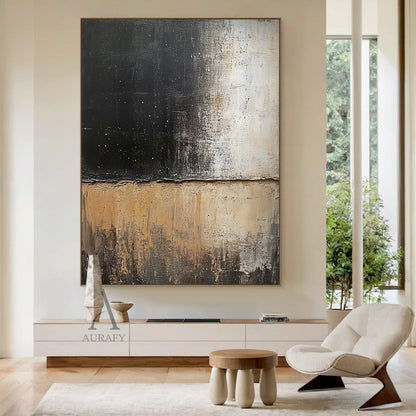 Abstract Black Beige Impasto Textured Rough Tactile Layered Modern Organic Canvas Artwork AURA609