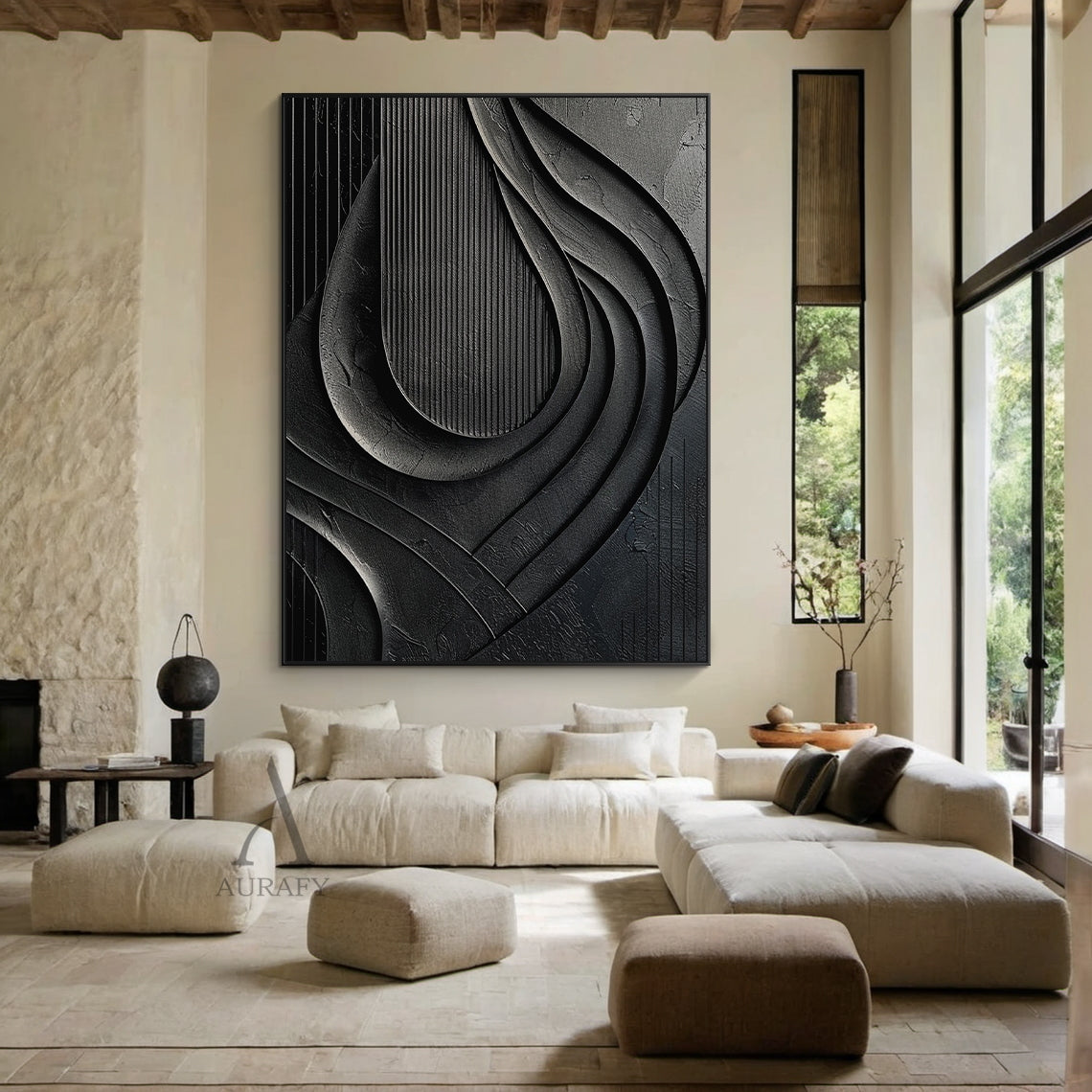 Minimalist Black Wall Art Sculpted High-Relief Tactile Matte Ribbed Modern Organic Design AURA424